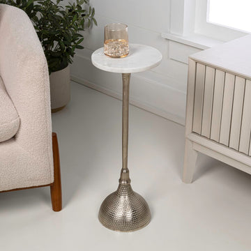 Ava 23.75" Art Deco Contemporary Metal Pedestal Drink Table and Decorative End Table with White Marble Round Top and Hammered Base